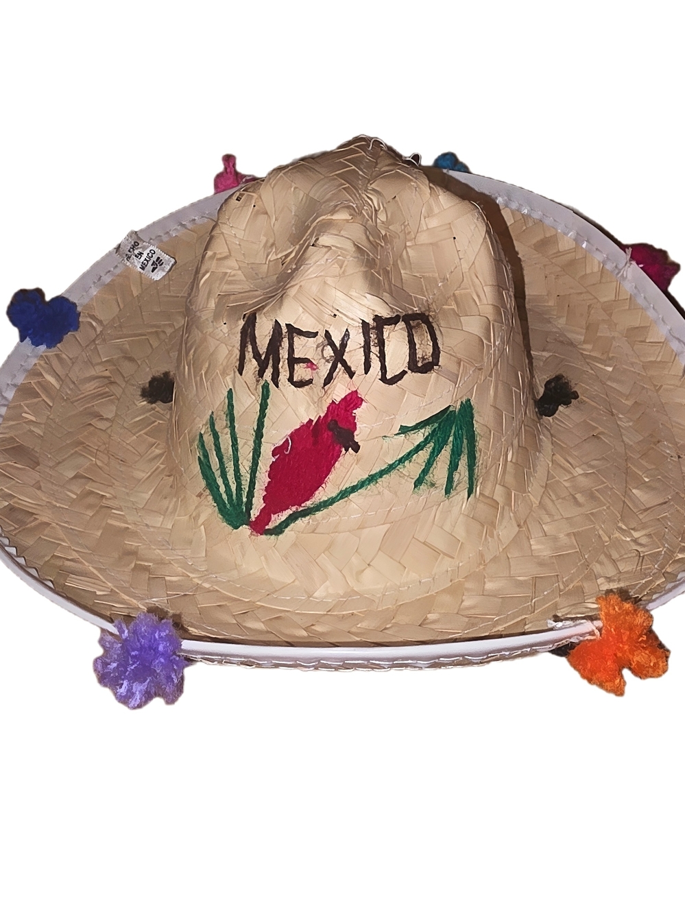 Colorful PomPoms Kids Fun Mexican straw sombrero